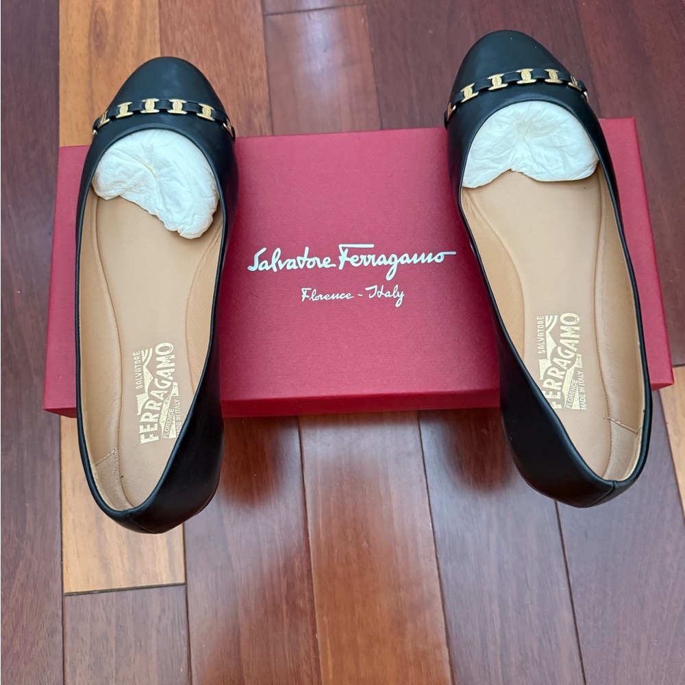 Salvatore Ferragamo Black Loafers with Gold Detailing
